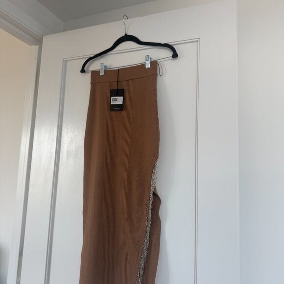 NWT Nicholas Mariana Midi Skirt In Nude Rib Knit Asymmetrical Crystal Fringe XS - Picture 5 of 10